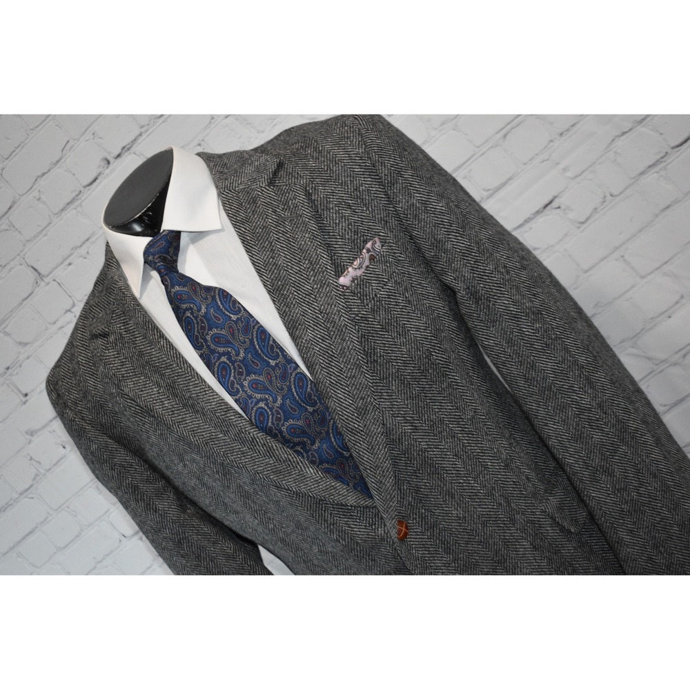 English Manor Sport Coat Men 41 Long Gray Herringbone Tweed Blazer Jacket VTG
